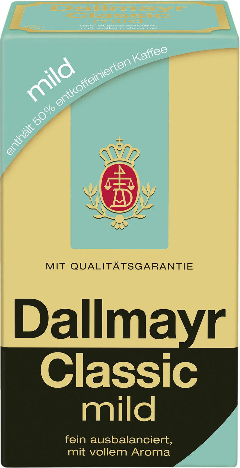 Dallmayr Classic 50 Prozent entcoffeiniet gemahlen Mild 500g Röstkaffee gemahlen und vakuumverpackt