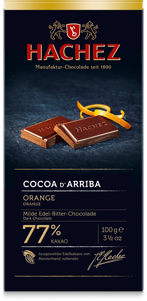 Hachez Cocoa dArriba milde Edelbitter Schokolade mit Orange 100g  Die knackige Tafelschokolade schmilzt zart auf der Zunge und begeistert Sie durch ihr fruchtiges Aroma frischer Orangen