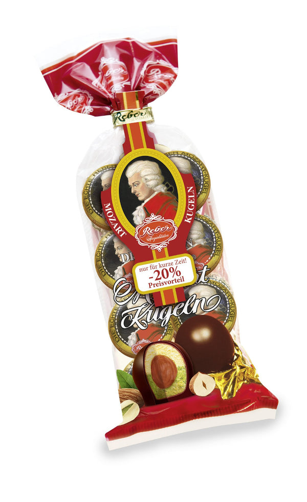 Mozart Kugeln mit allerfeinster Alpenmilch Schokolade 160g mit einer Haselnuss Nougat Pistazienmarzipan Marzipanfüllung
