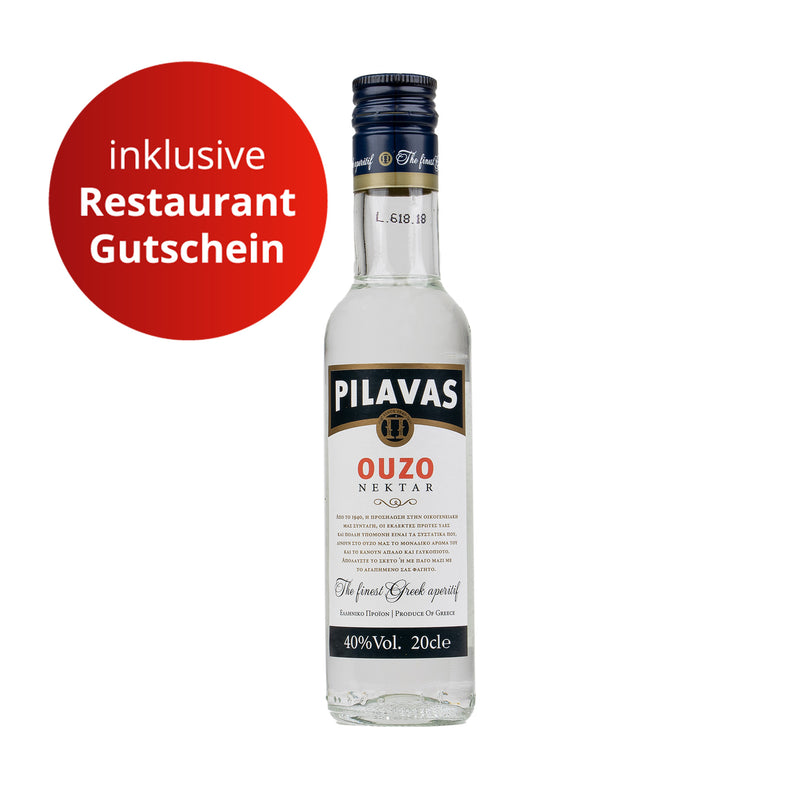 Gutschein ab 25 € + Ouzo Pilavas Nektar 40% 0,2l Pilavas inkl. Restaurant-Gutschein