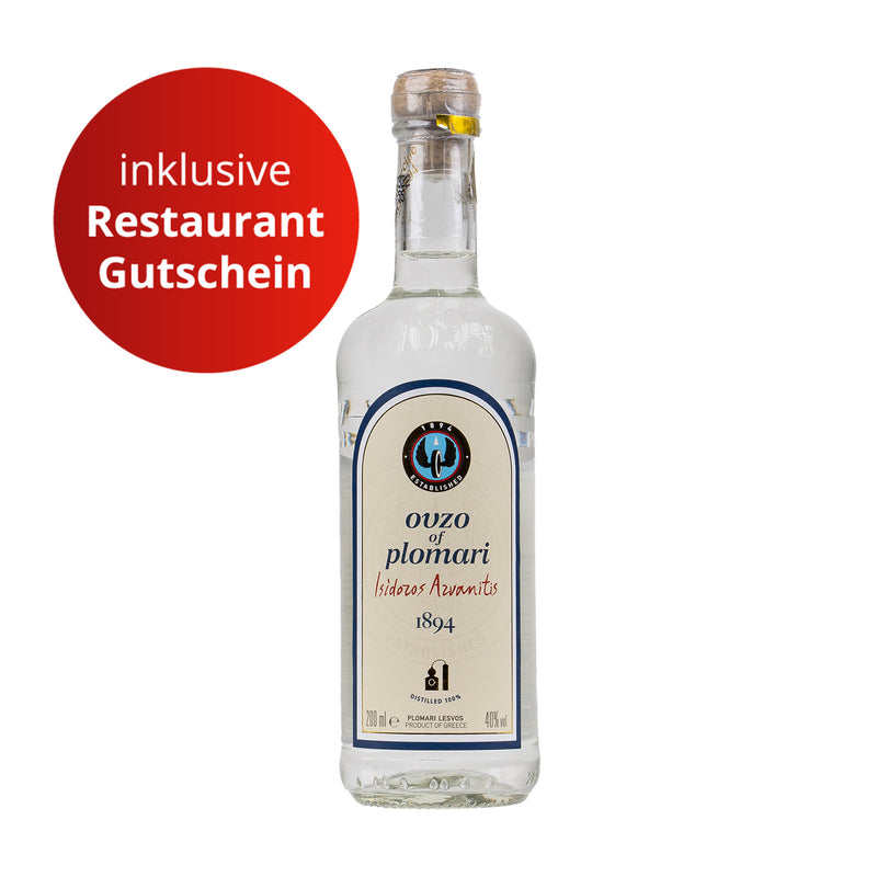 Gutschein ab 25 € + Ouzo Plomari  I. Arvanitis 200 ml inkl. Restaurant-Gutschein